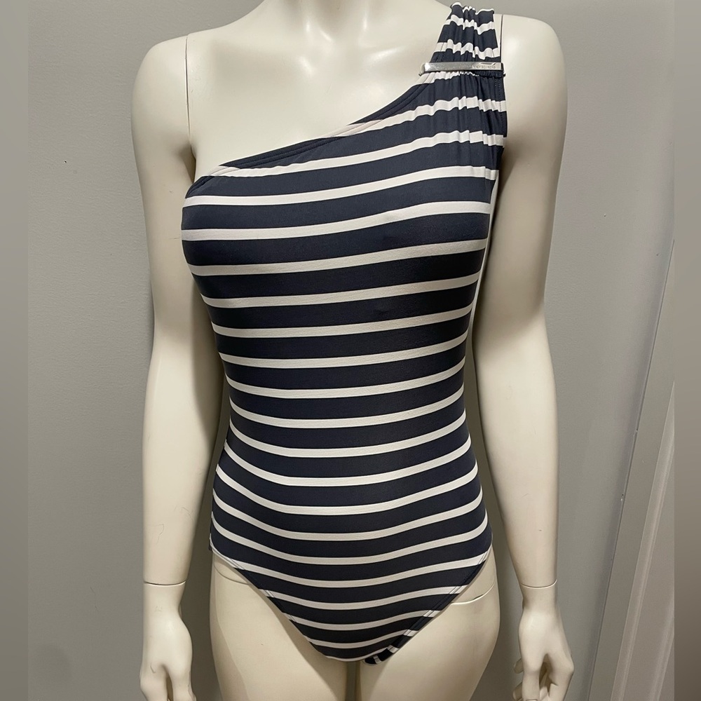 Michael Michael Kors One Shoulder Striped Silver Logo Headwear Swimsuit Size 10